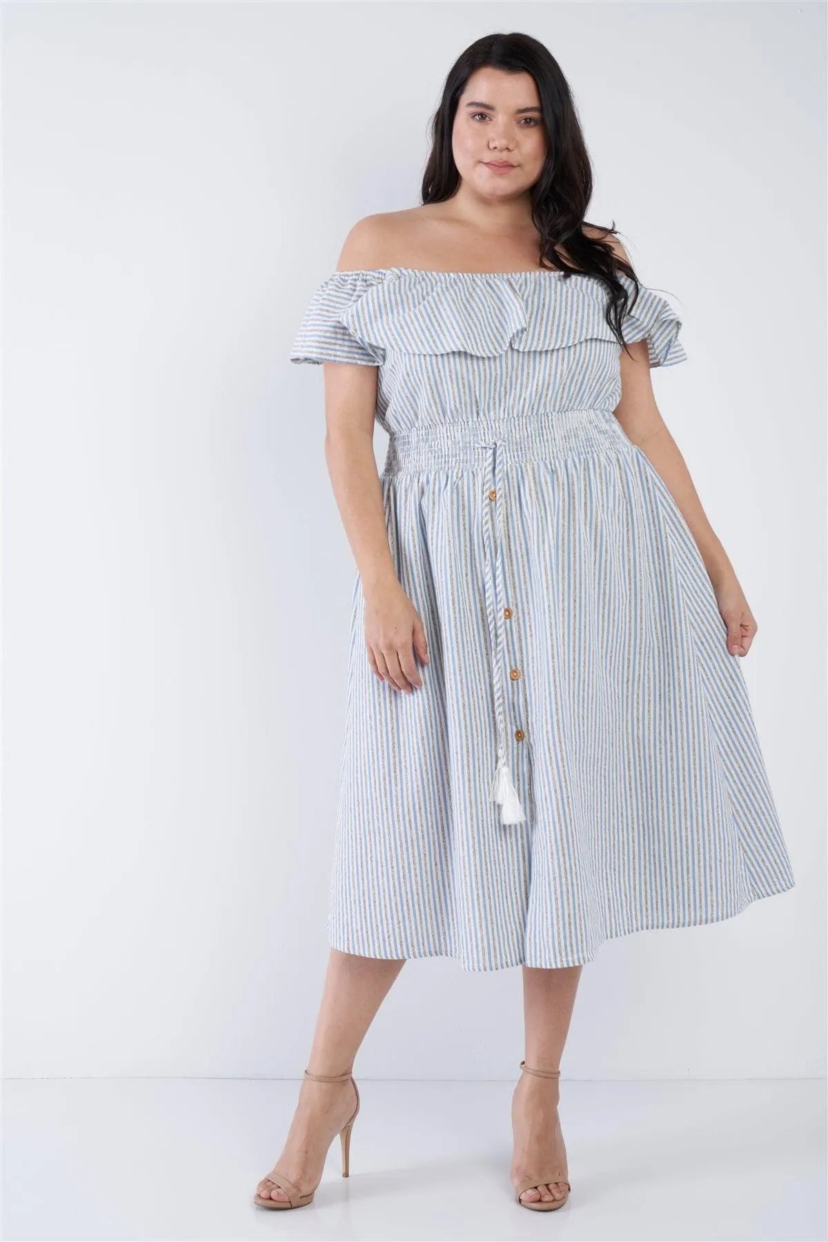Plus Size Mixed Linen Blue Stripe Off-The Shoulder Midi Mock Button Front Dress /1-2-2-1 - Tasha Apparel Wholesale
