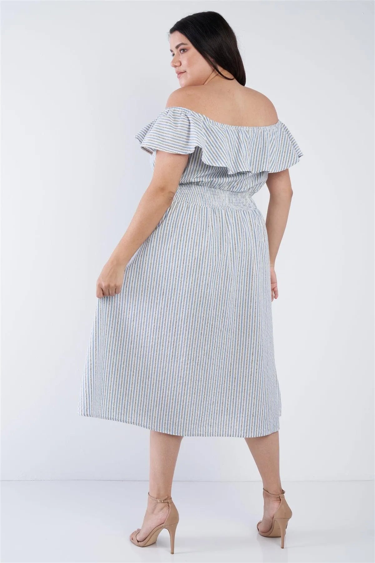 Plus Size Mixed Linen Blue Stripe Off-The Shoulder Midi Mock Button Front Dress /1-2-2-1 - Tasha Apparel Wholesale