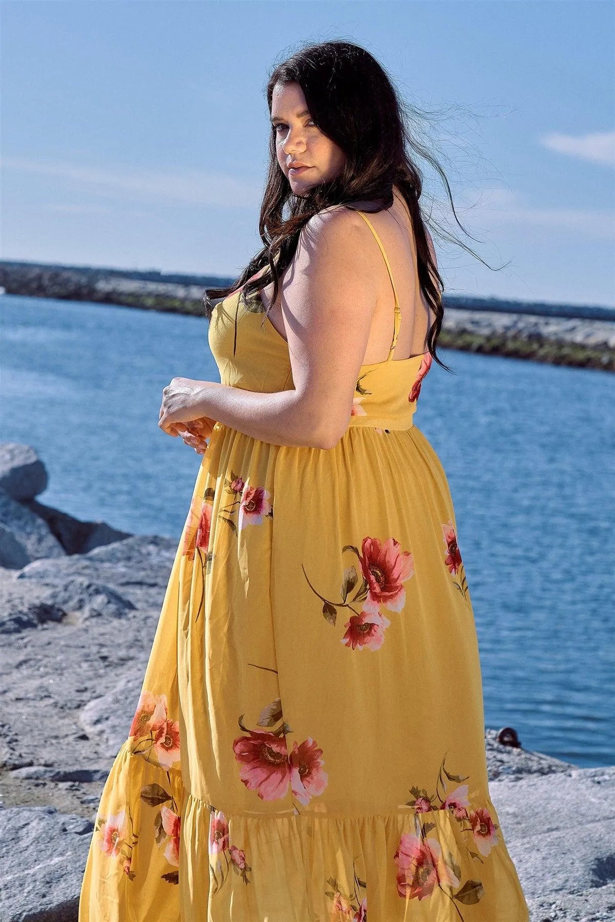 Plus Size Yellow Floral Print Cinched V-Neck Tiered Frill Semi-Sheer Maxi Dress /1-2-2-1 - Tasha Apparel Wholesale