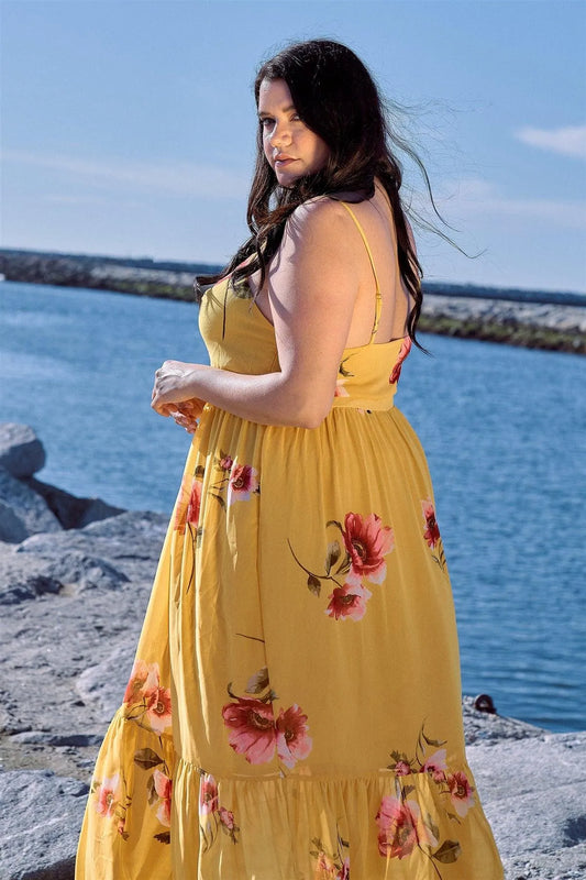 Plus Size Yellow Floral Print Cinched V-Neck Tiered Frill Semi-Sheer Maxi Dress /1-2-2-1 - Tasha Apparel Wholesale