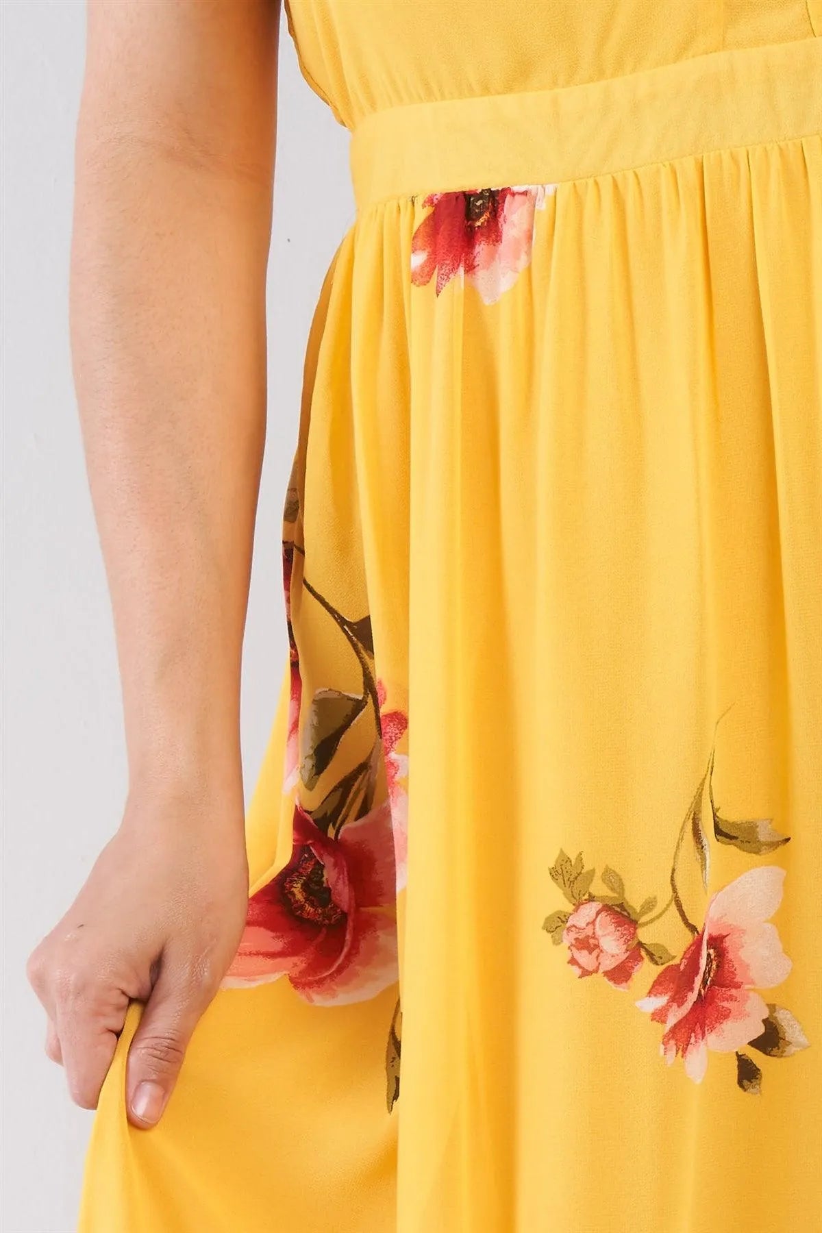 Plus Size Yellow Floral Print Cinched V-Neck Tiered Frill Semi-Sheer Maxi Dress /1-2-2-1 - Tasha Apparel Wholesale