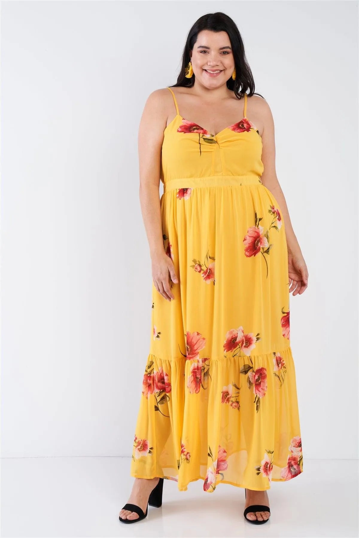 Plus Size Yellow Floral Print Cinched V-Neck Tiered Frill Semi-Sheer Maxi Dress /1-2-2-1 - Tasha Apparel Wholesale