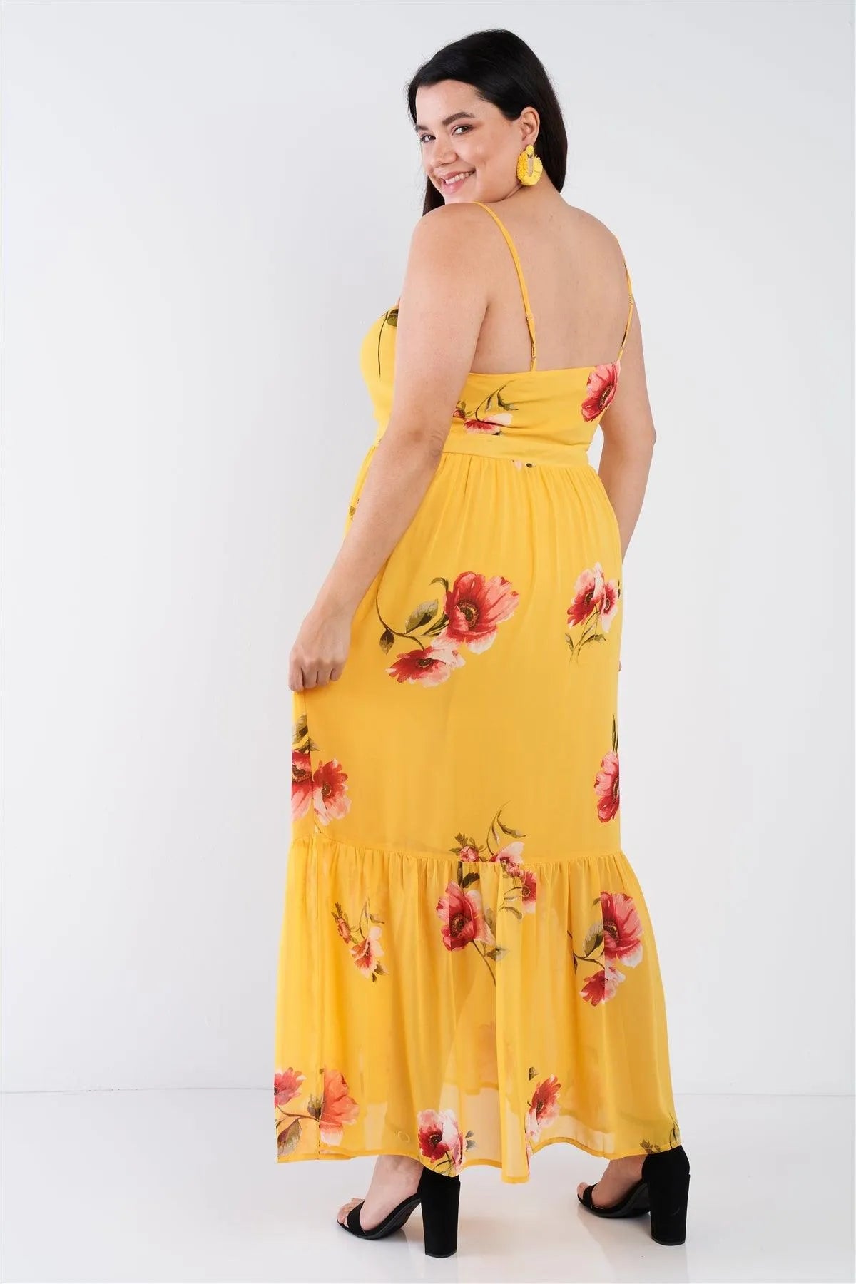 Plus Size Yellow Floral Print Cinched V-Neck Tiered Frill Semi-Sheer Maxi Dress /1-2-2-1 - Tasha Apparel Wholesale
