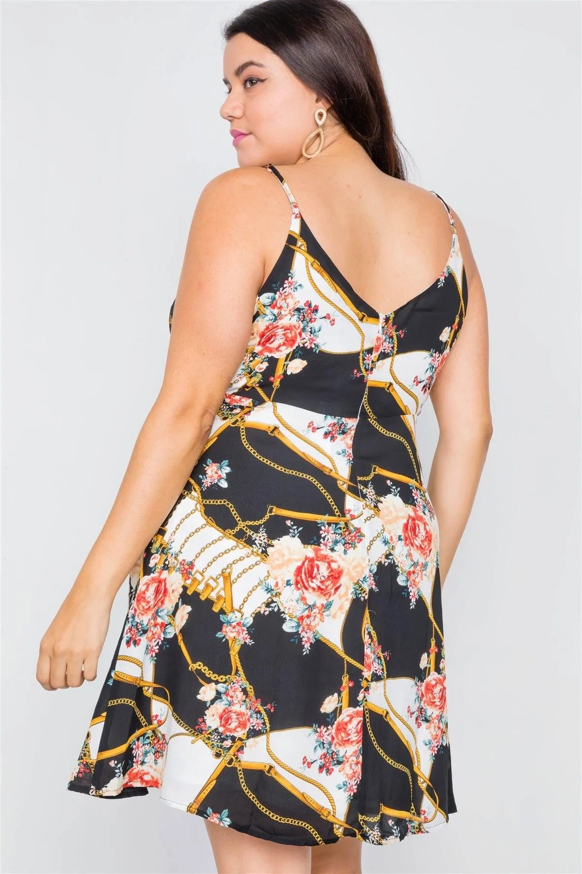 Junior Plus Size Black Floral Belt & Chain Printed Mini Dress /1-2-2-1 - Tasha Apparel Wholesale