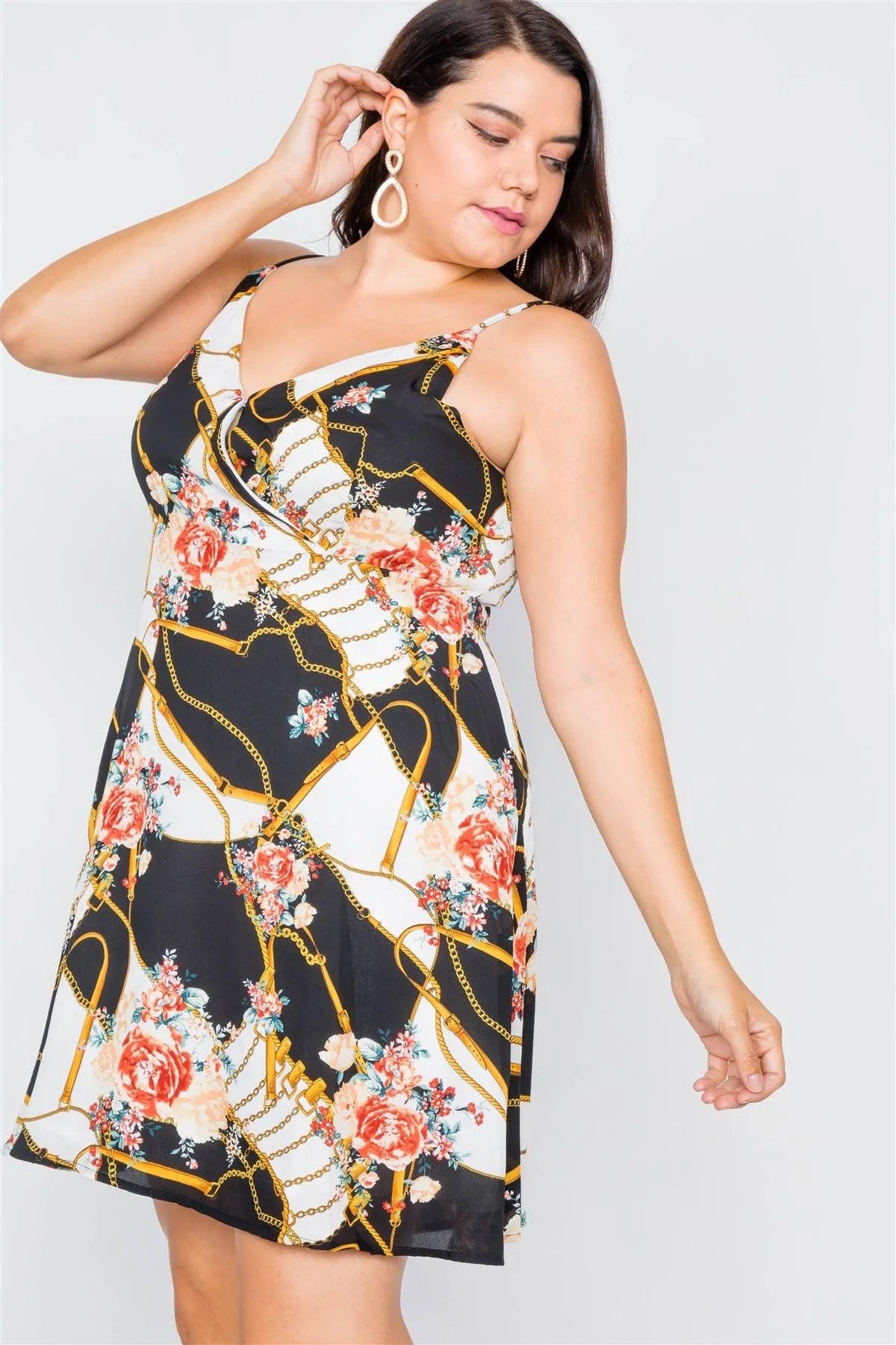 Junior Plus Size Black Floral Belt & Chain Printed Mini Dress /1-2-2-1 - Tasha Apparel Wholesale