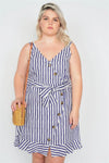 Junior Plus Size Ivory Blue Casual V-Neck Mock Button Mini Dress /1-2-2-1 - Tasha Apparel Wholesale