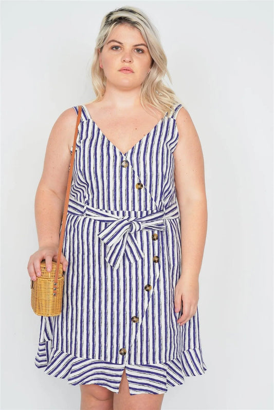 Junior Plus Size Ivory Blue Casual V-Neck Mock Button Mini Dress /1-2-2-1 - Tasha Apparel Wholesale