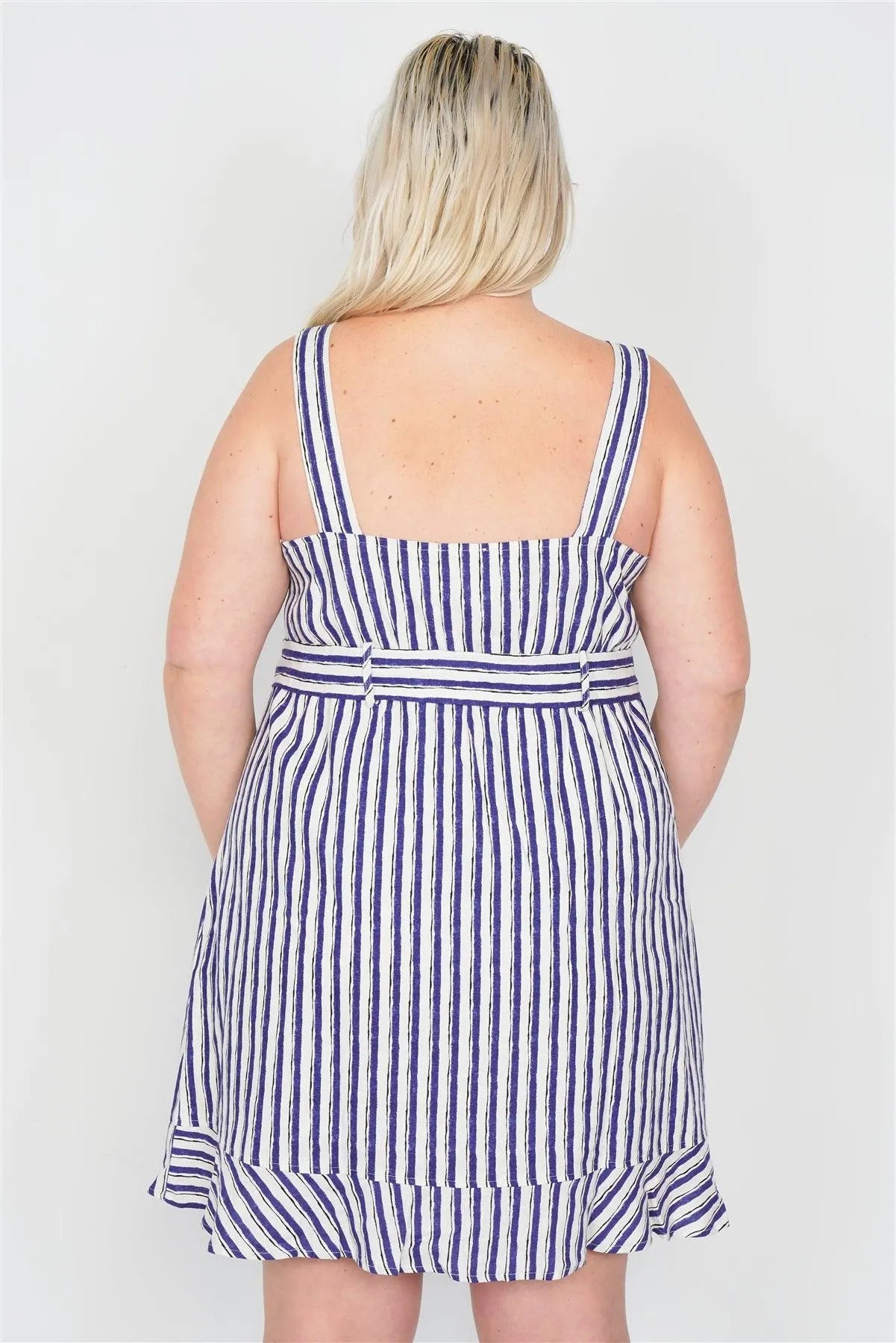 Junior Plus Size Ivory Blue Casual V-Neck Mock Button Mini Dress /1-2-2-1 - Tasha Apparel Wholesale