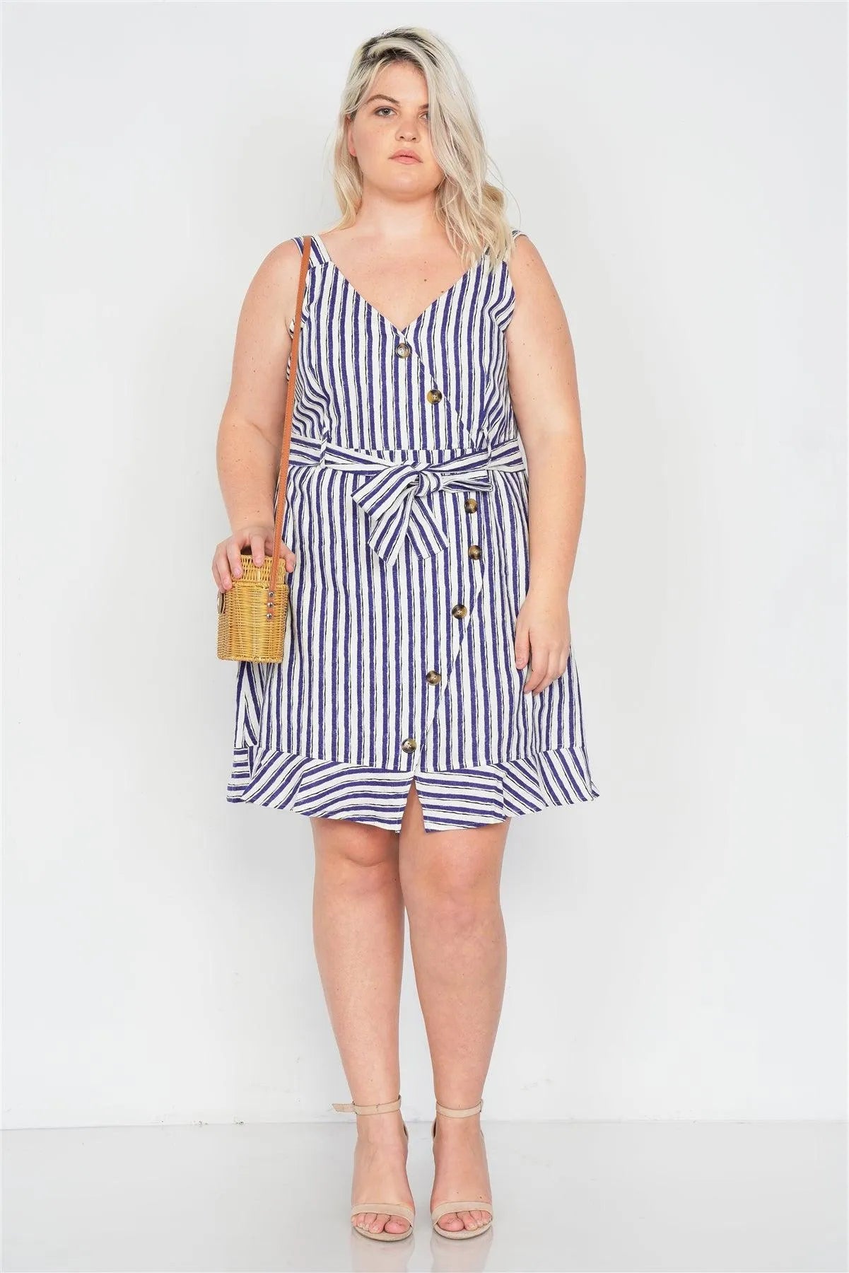 Junior Plus Size Ivory Blue Casual V-Neck Mock Button Mini Dress /1-2-2-1 - Tasha Apparel Wholesale