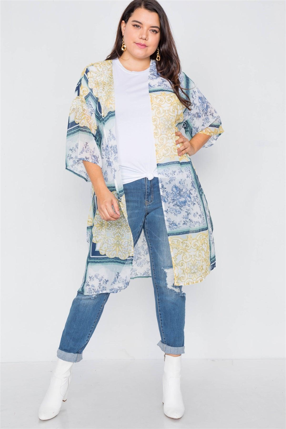Plus Size Blue Multi Boho Festival Print Sheer Midi Kimono