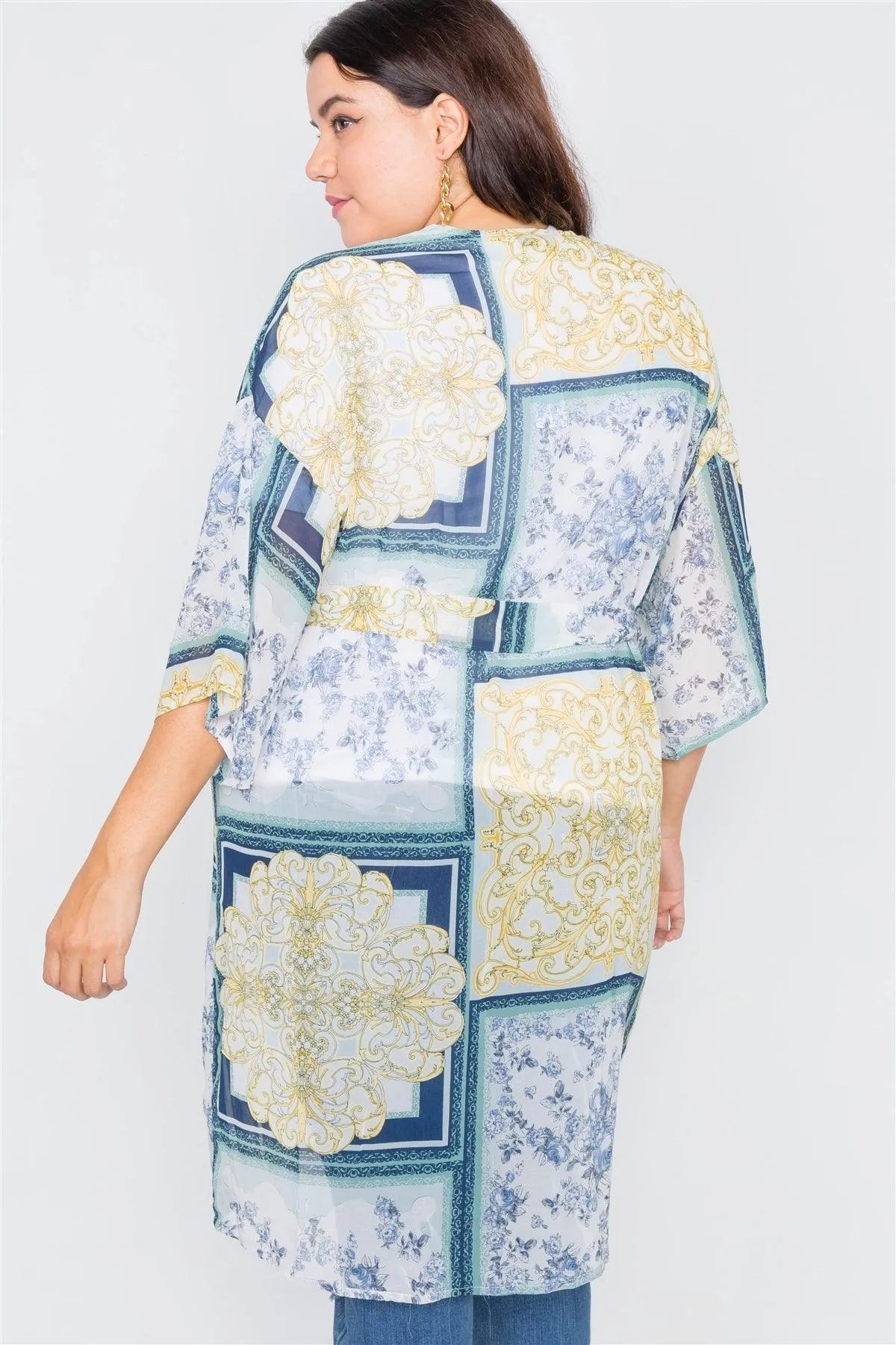Plus Size Blue Multi Boho Festival Print Sheer Midi Kimono - Tasha Apparel Wholesale