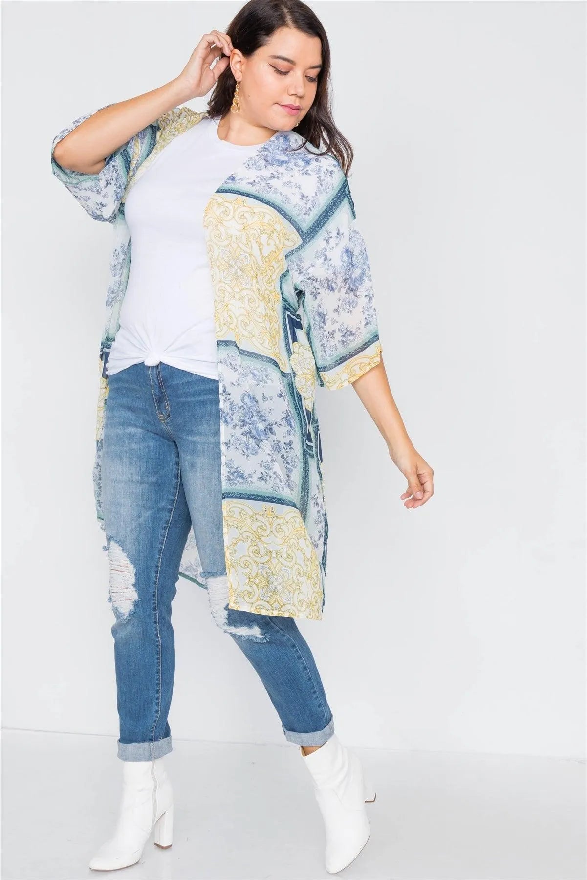 Plus Size Blue Multi Boho Festival Print Sheer Midi Kimono - Tasha Apparel Wholesale