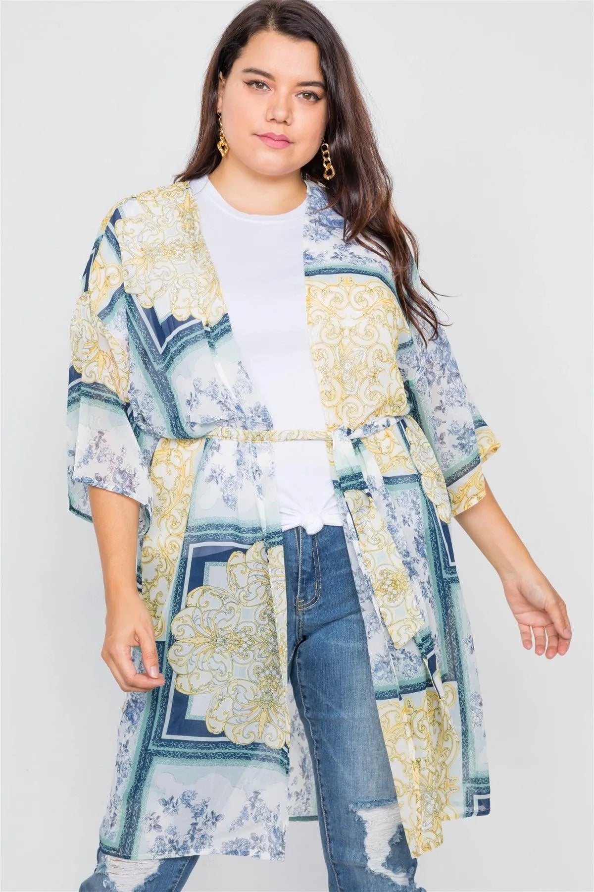 Plus Size Blue Multi Boho Festival Print Sheer Midi Kimono - Tasha Apparel Wholesale