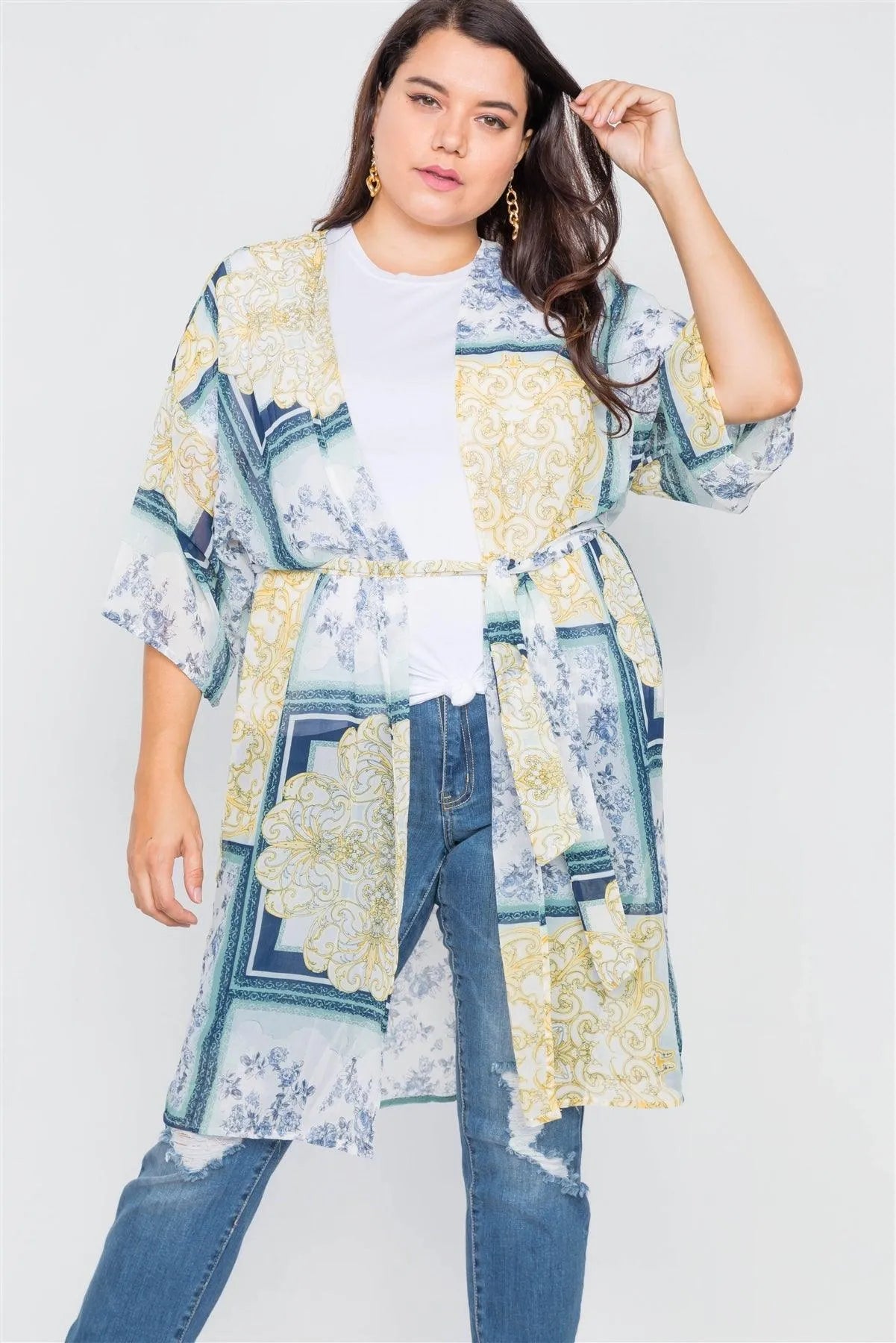 Plus Size Blue Multi Boho Festival Print Sheer Midi Kimono - Tasha Apparel Wholesale