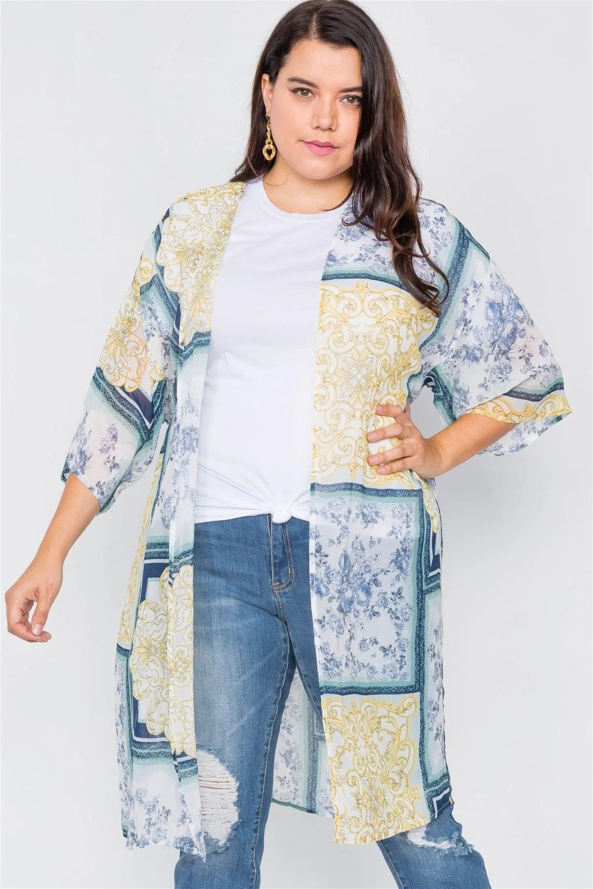 Plus Size Blue Multi Boho Festival Print Sheer Midi Kimono - Tasha Apparel Wholesale