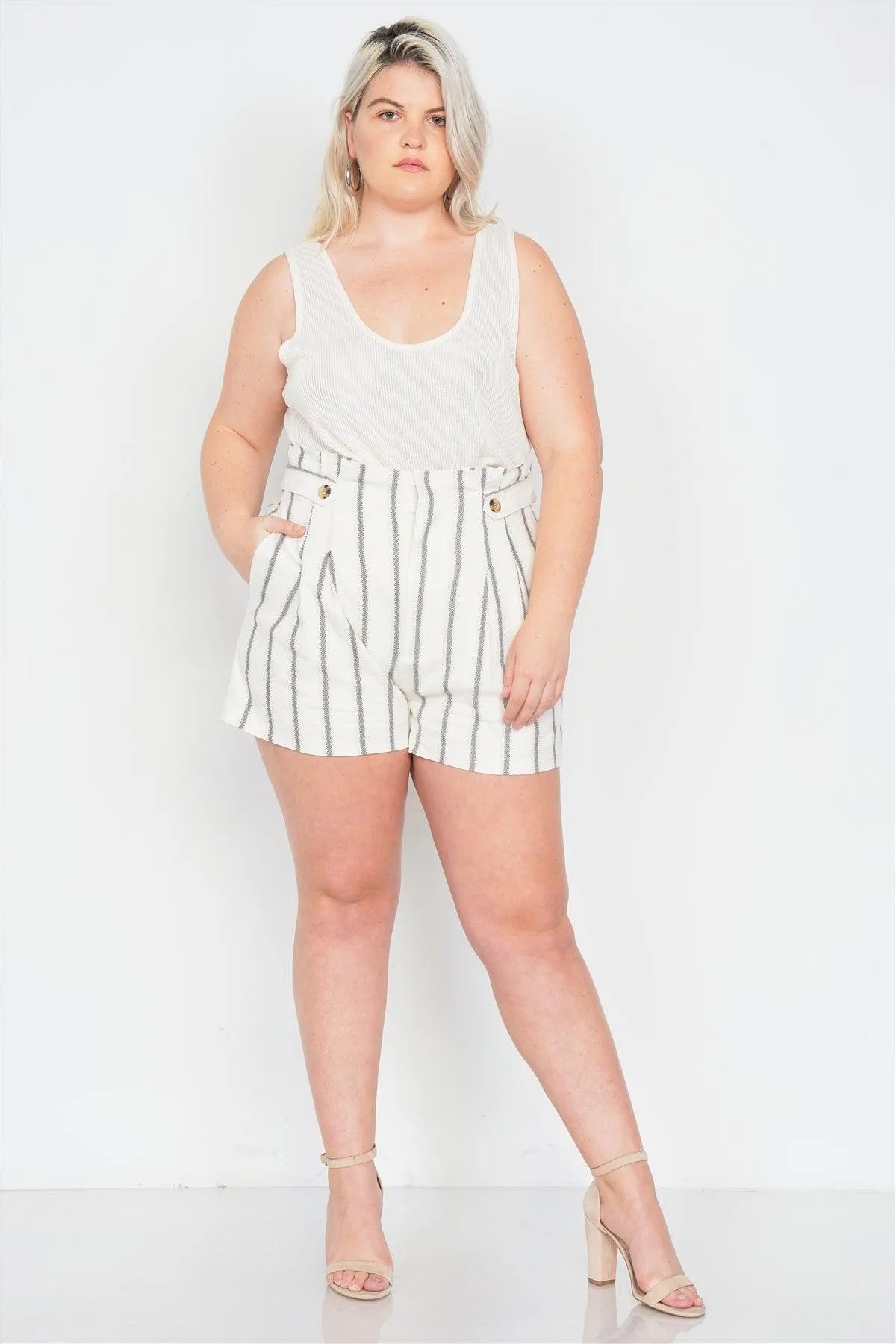 Junior Plus Size Mixed Linen Beige Brown High-Waisted Boho Chic Shorts /1-2-2-1 - Tasha Apparel Wholesale