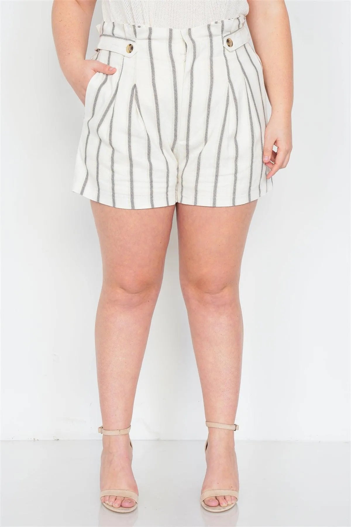 Junior Plus Size Mixed Linen Beige Brown High-Waisted Boho Chic Shorts /1-2-2-1 - Tasha Apparel Wholesale