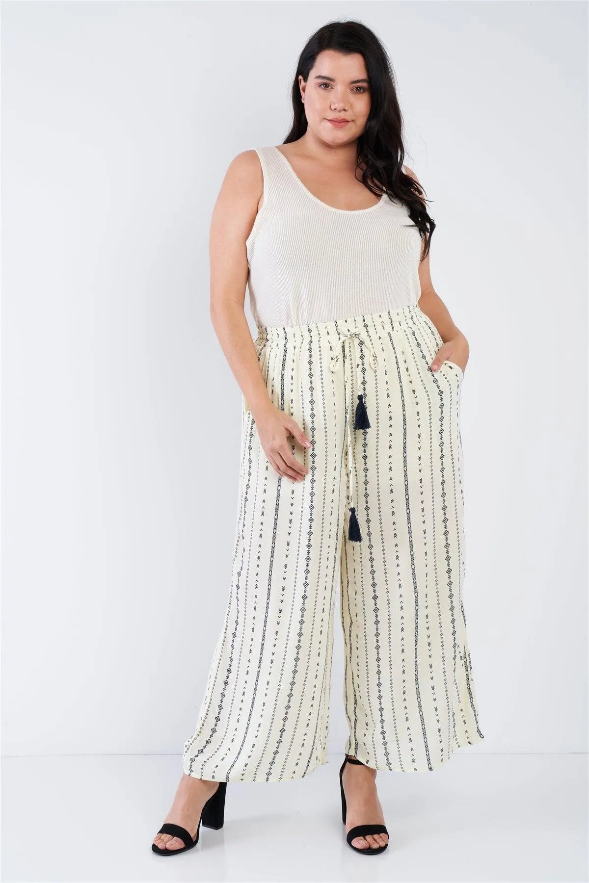 Junior Plus Size Ivory Navy Blue Bohemian Print Self Tie Tassel Pant /2-2-1 - Tasha Apparel Wholesale