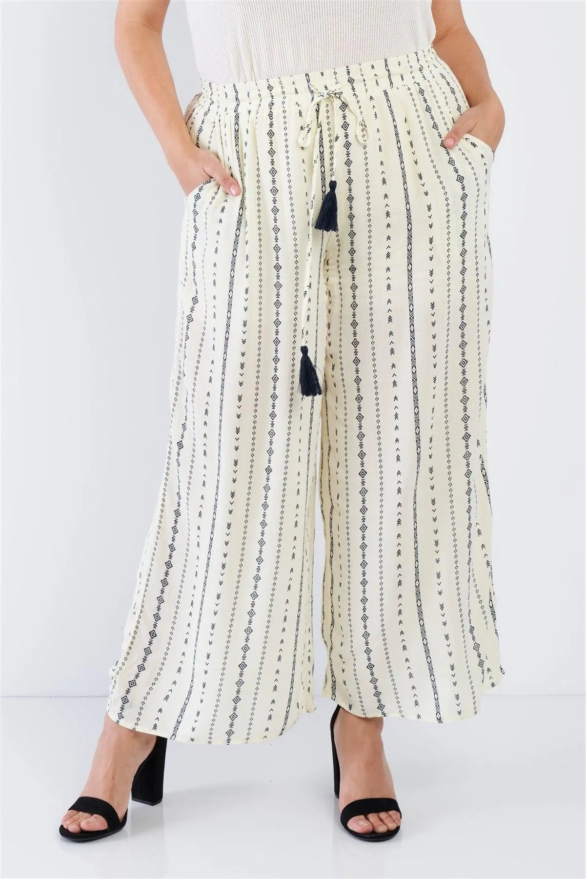 Junior Plus Size Ivory Navy Blue Bohemian Print Self Tie Tassel Pant /2-2-1 - Tasha Apparel Wholesale