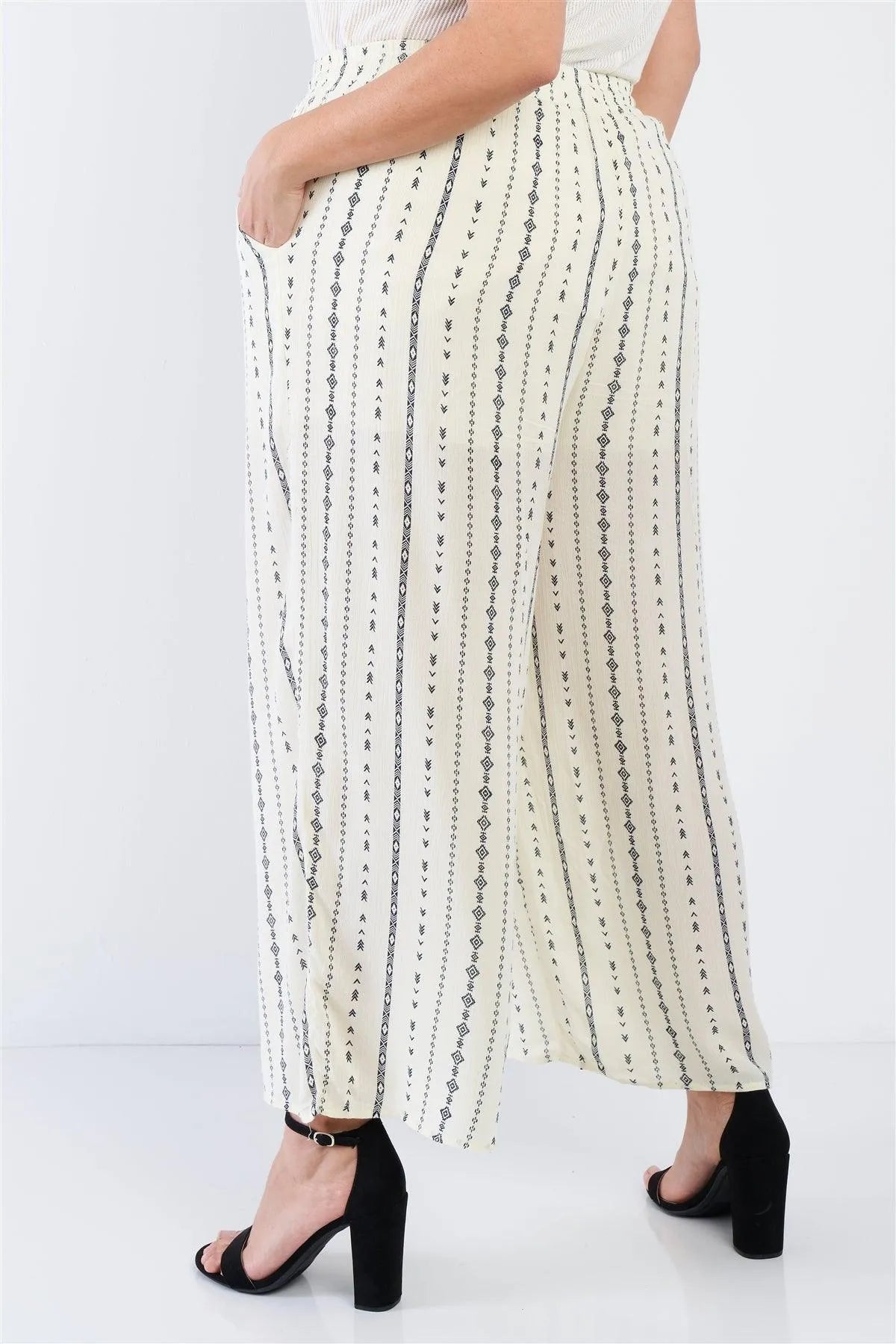 Junior Plus Size Ivory Navy Blue Bohemian Print Self Tie Tassel Pant /2-2-1 - Tasha Apparel Wholesale