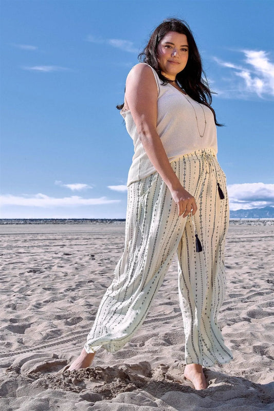 Junior Plus Size Ivory Navy Blue Bohemian Print Self Tie Tassel Pants /1-2-2-1 - Tasha Apparel Wholesale