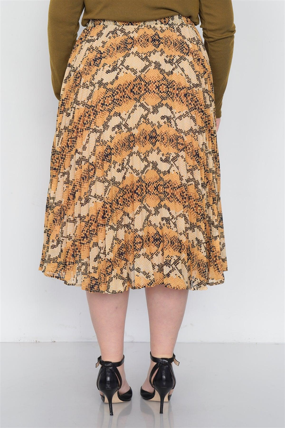 Junior Plus Size Yellow Brown Pleated Animal Print Chic Midi Skirt  /1-1-2-1