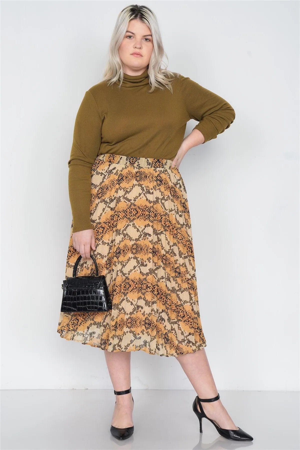 Junior Plus Size Yellow Brown Pleated Animal Print Chic Midi Skirt /2-2-2-1 - Tasha Apparel Wholesale