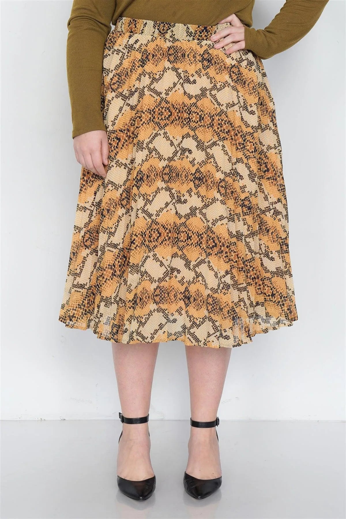 Junior Plus Size Yellow Brown Pleated Animal Print Chic Midi Skirt /2-2-2-1 - Tasha Apparel Wholesale