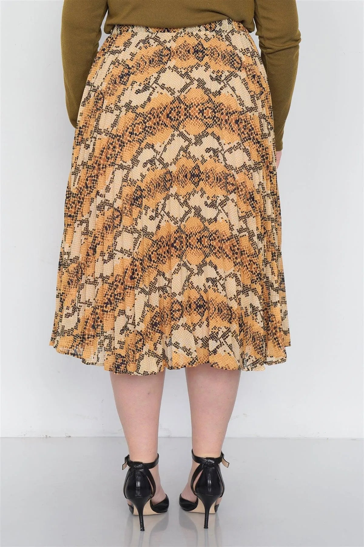 Junior Plus Size Yellow Brown Pleated Animal Print Chic Midi Skirt /2-2-2-1 - Tasha Apparel Wholesale