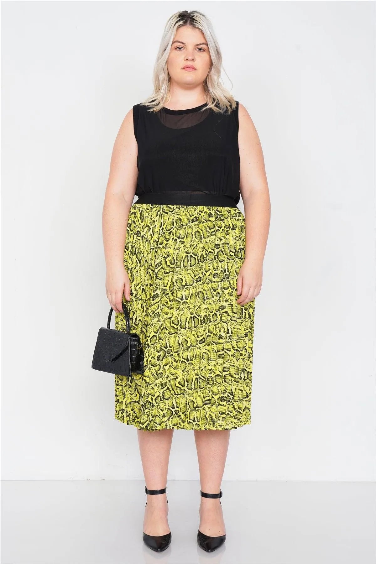 Junior Plus Size Neon Yellow Pleated Animal Print Chic Midi Skirt /2-2-1-1 - Tasha Apparel Wholesale