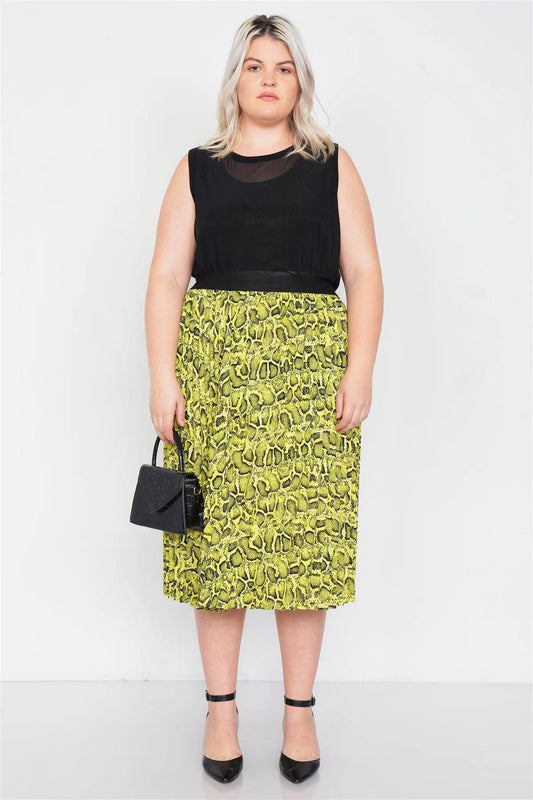 Junior Plus Size Neon Yellow Pleated Animal Print Chic Midi Skirt /2-2-1-1 - Tasha Apparel Wholesale