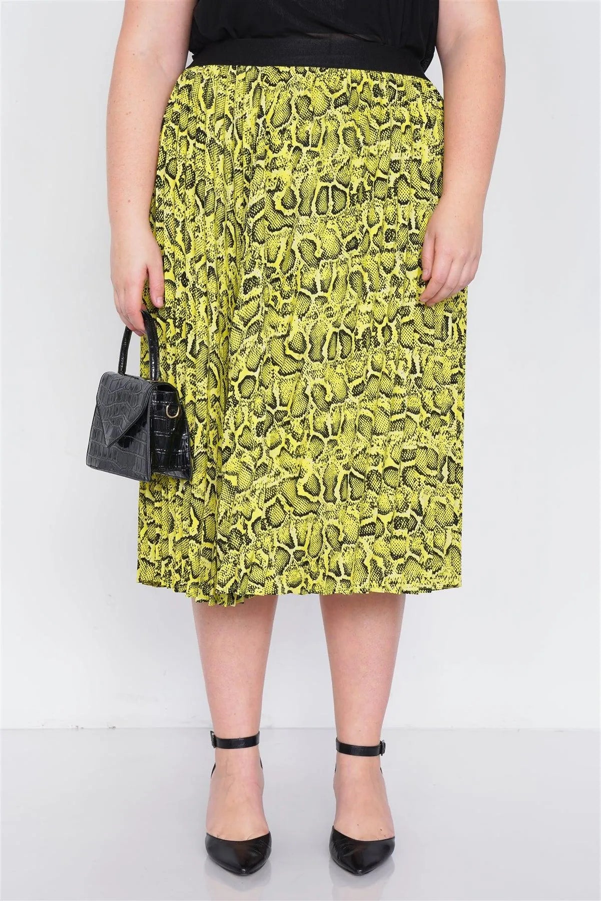 Junior Plus Size Neon Yellow Pleated Animal Print Chic Midi Skirt /2-2-1-1 - Tasha Apparel Wholesale