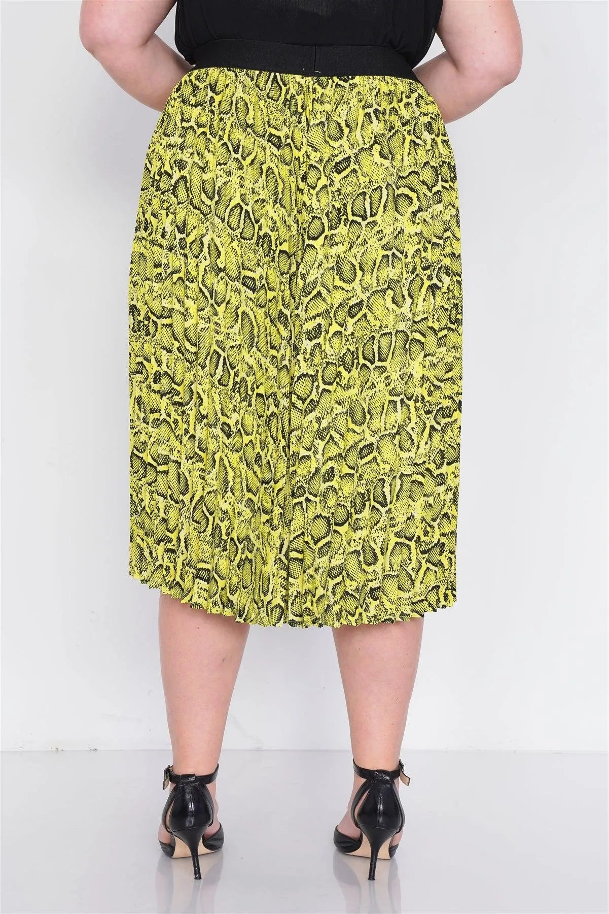 Junior Plus Size Neon Yellow Pleated Animal Print Chic Midi Skirt /2-2-1-1 - Tasha Apparel Wholesale