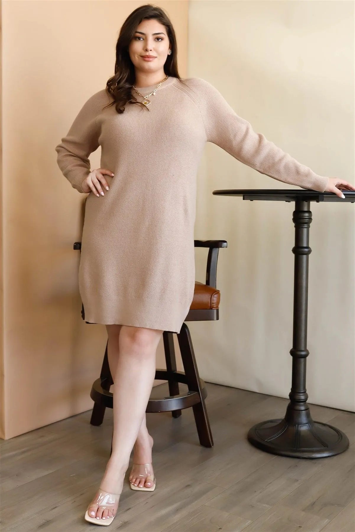 Junior Plus Taupe Knit Long Sleeve Dress /3-2-1 - Tasha Apparel Wholesale