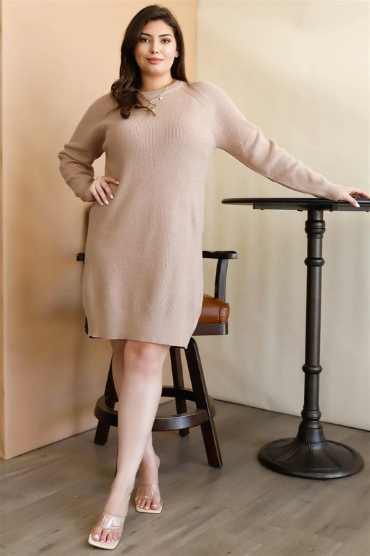 Junior Plus Taupe Knit Long Sleeve Dress /3-2-1 - Tasha Apparel Wholesale