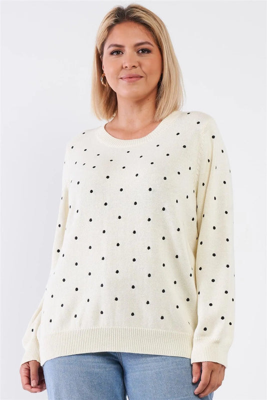 Ivory Polka Dot Long Sleeve Relaxed Fit Knit Sweater /2-2-1-1 - Tasha Apparel Wholesale