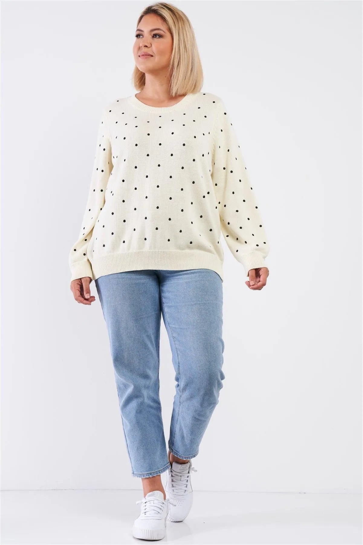 Ivory Polka Dot Long Sleeve Relaxed Fit Knit Sweater /2-2-1-1 - Tasha Apparel Wholesale