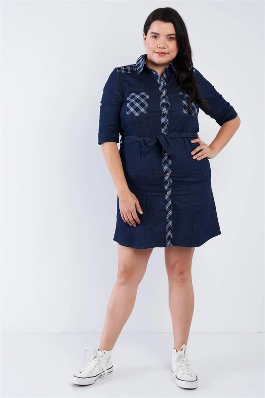 Plus Size Denim Blue Plaid Stripe Trim Front Button Jean Mini Dress /2-2-2 - Tasha Apparel Wholesale