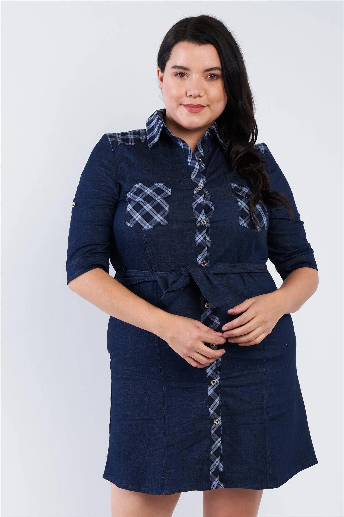 Junior Plus Size Denim Blue Plaid Stripe Trim Front Button Jean Mini Dress /2-1-3 - Tasha Apparel Wholesale