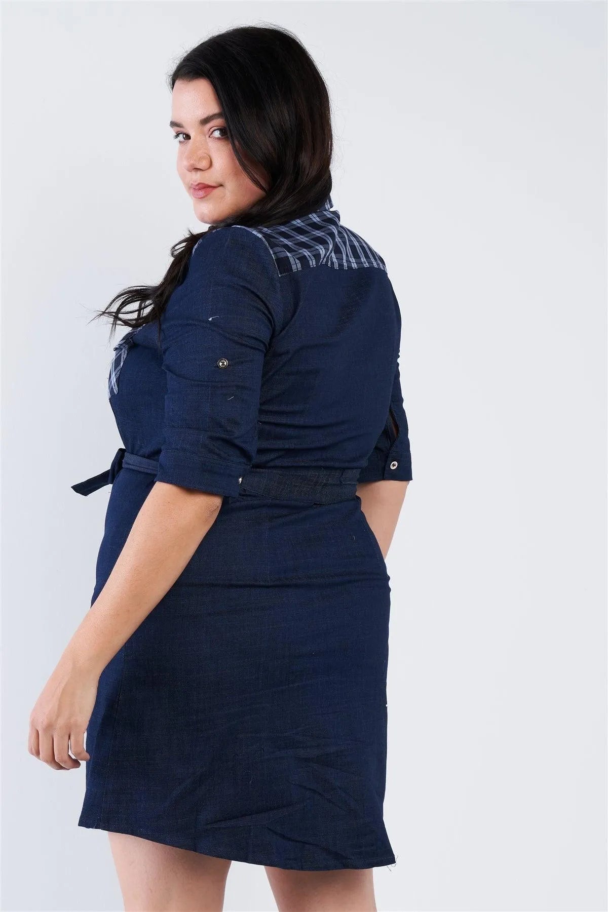 Junior Plus Size Denim Blue Plaid Stripe Trim Front Button Jean Mini Dress /2-1-3 - Tasha Apparel Wholesale