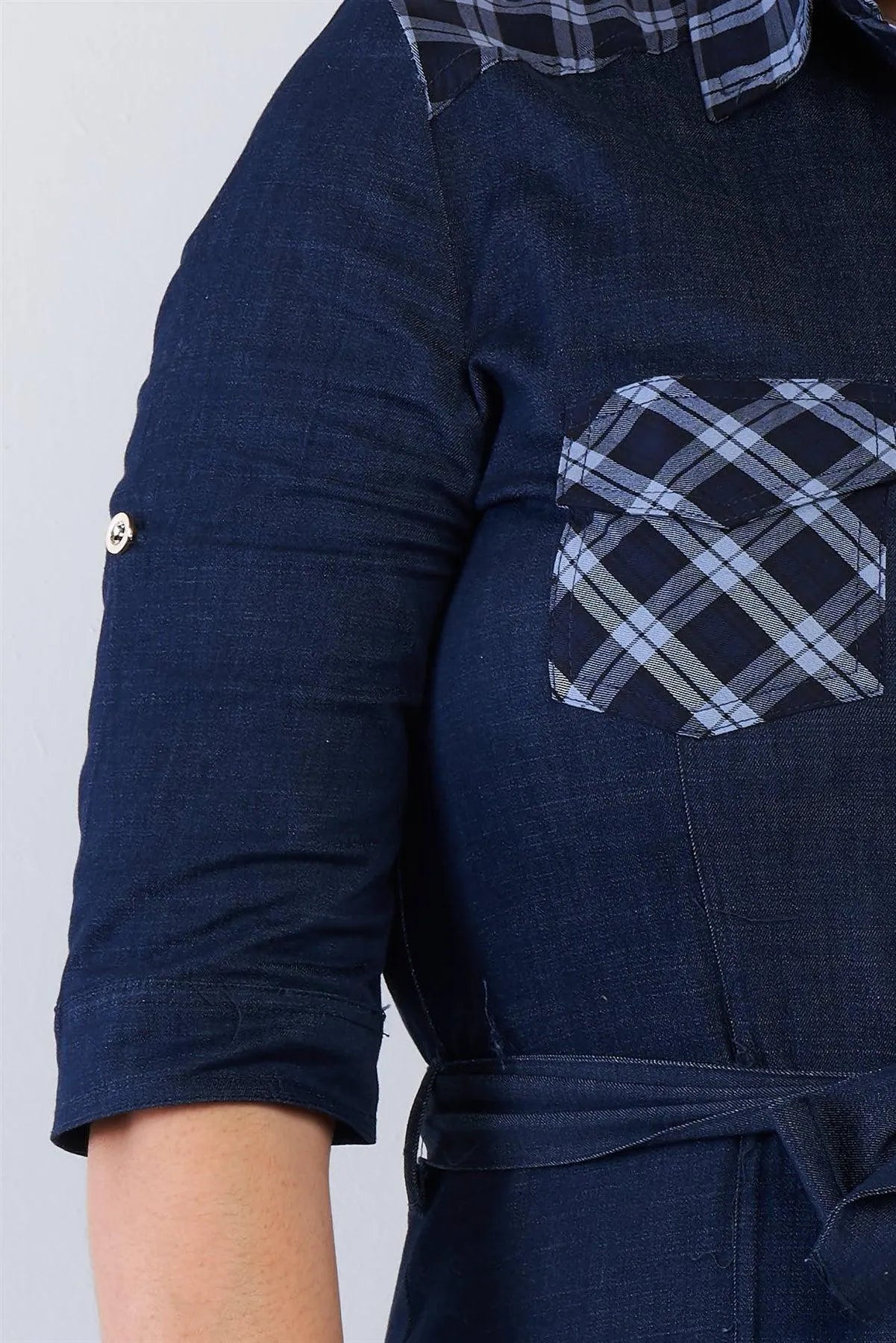 Junior Plus Size Denim Blue Plaid Stripe Trim Front Button Jean Mini Dress /2-1-3 - Tasha Apparel Wholesale