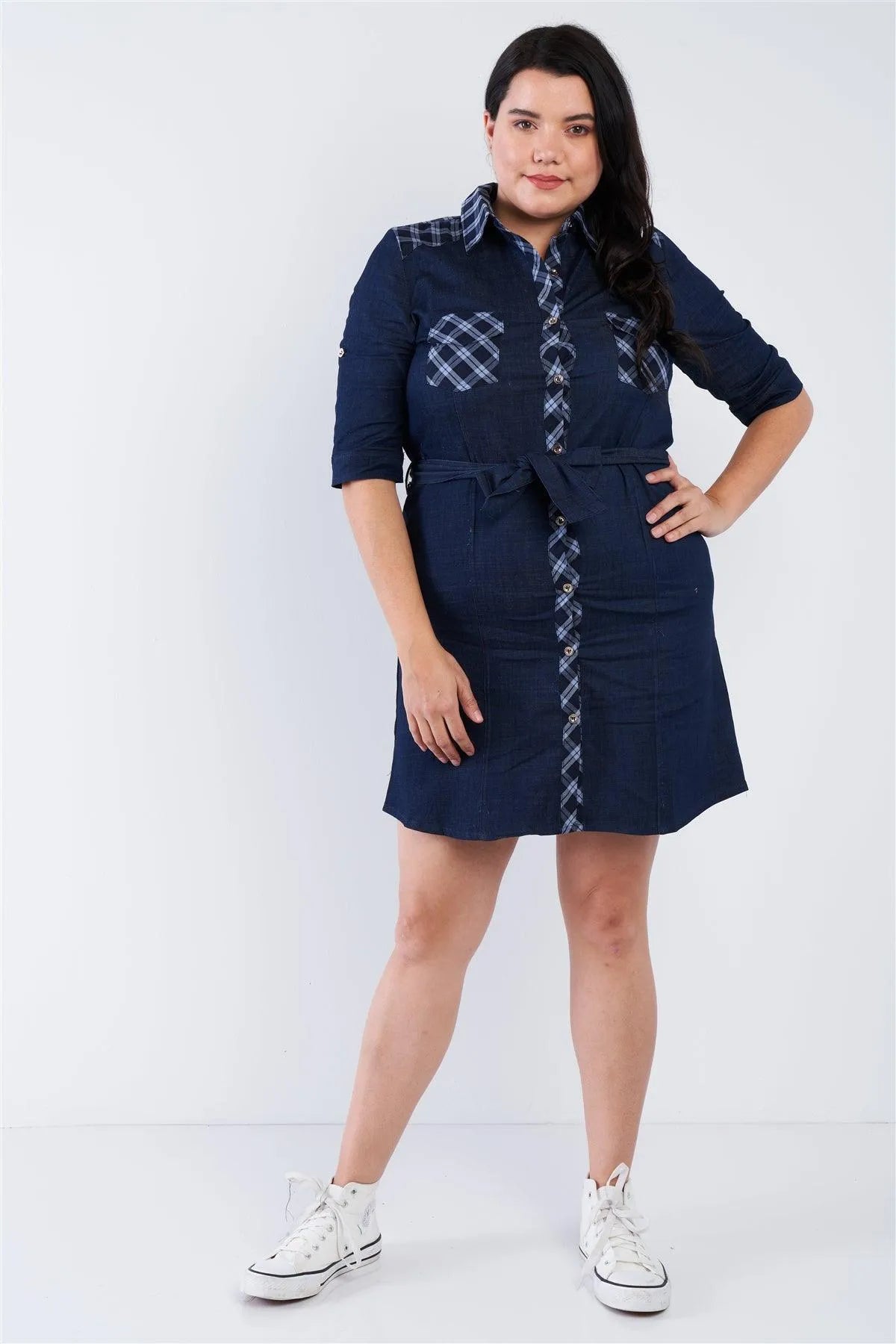 Junior Plus Size Denim Blue Plaid Stripe Trim Front Button Jean Mini Dress /2-1-3 - Tasha Apparel Wholesale