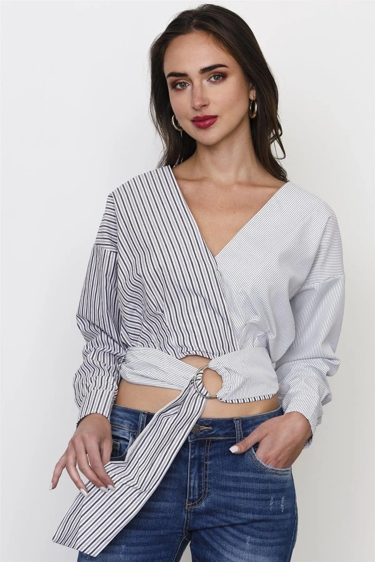 Black And White Stripe Tie Front Top /3-2-1 - Tasha Apparel Wholesale