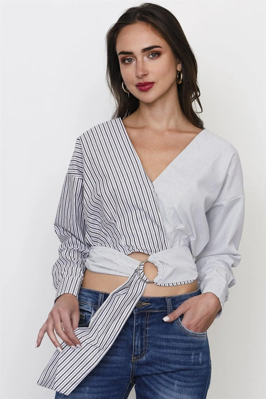 Black And White Stripe Tie Front Top /3-2-1 - Tasha Apparel Wholesale