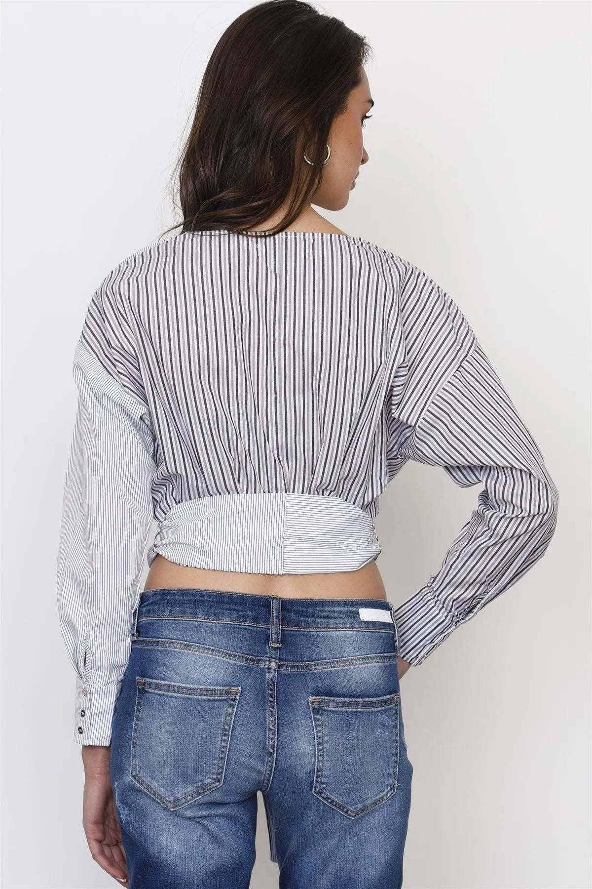 Black And White Stripe Tie Front Top /3-2-1 - Tasha Apparel Wholesale