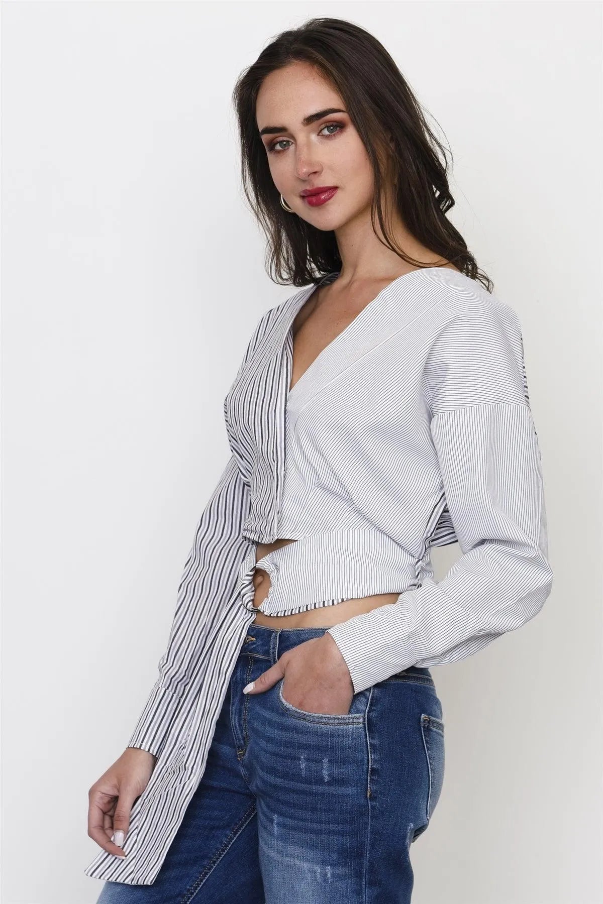 Black And White Stripe Tie Front Top /3-2-1 - Tasha Apparel Wholesale