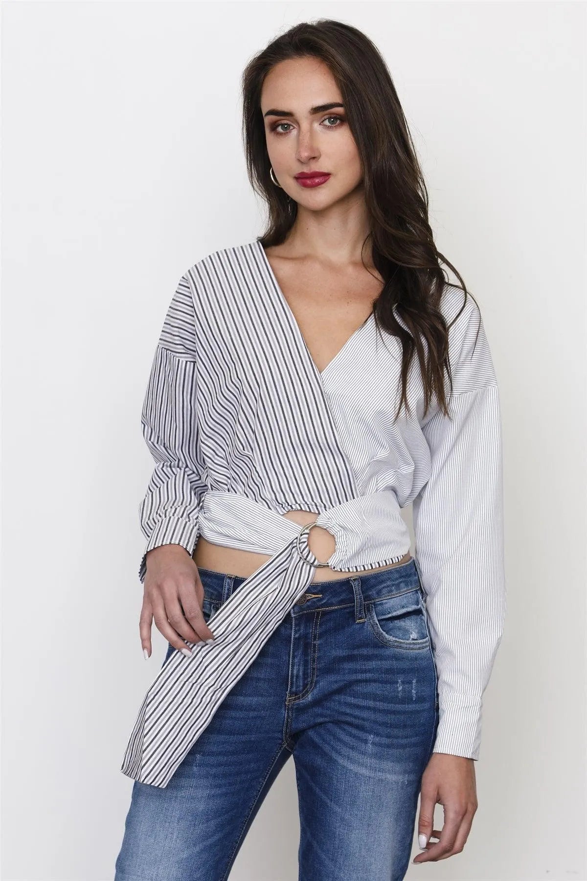Black And White Stripe Tie Front Top /3-2-1 - Tasha Apparel Wholesale