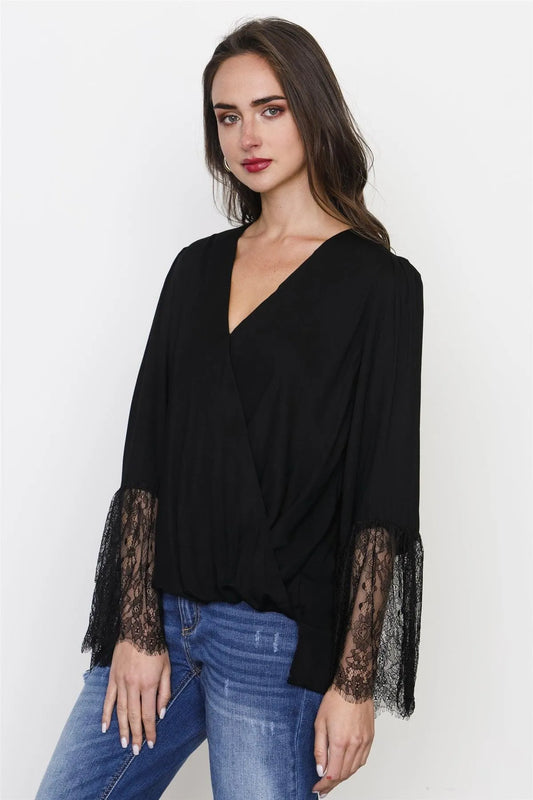Black Lace Sleeves Cross Drape Front Top /3-2-1 - Tasha Apparel Wholesale