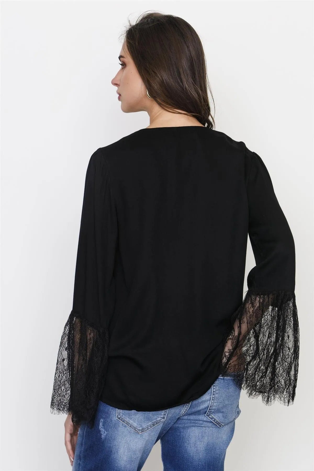 Black Lace Sleeves Cross Drape Front Top /3-2-1 - Tasha Apparel Wholesale
