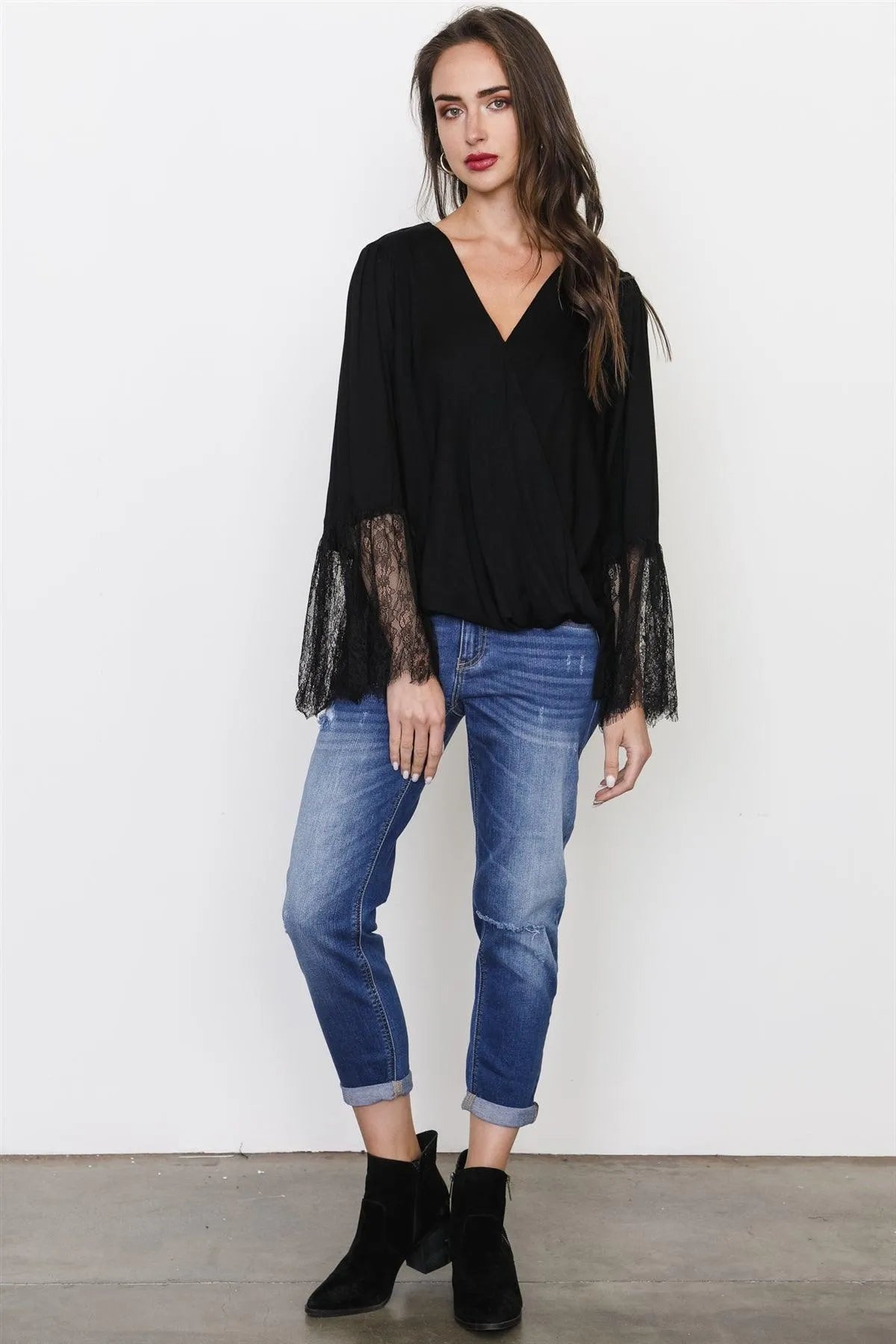 Black Lace Sleeves Cross Drape Front Top /3-2-1 - Tasha Apparel Wholesale
